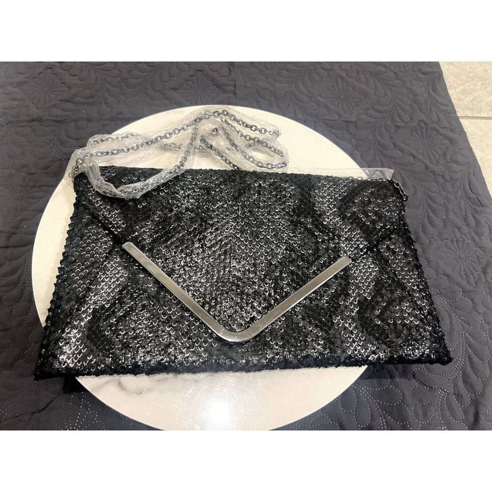 Foreign Exchange Snakeskin Silver Gunmetal & Black Faux Leather Clutch Glam:NWOT